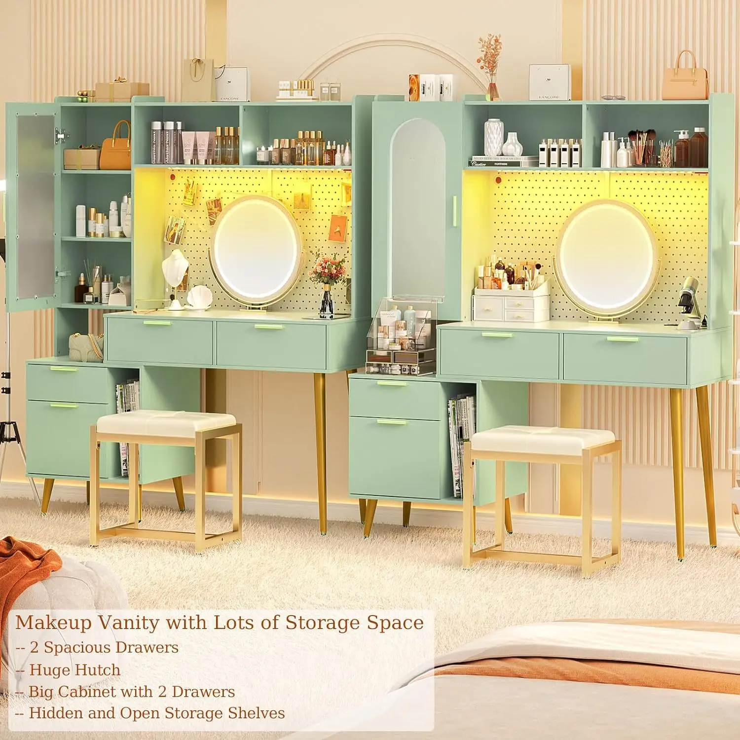48-Inch Dresser Cabin Charging Station LED Modern Bedroom Dresser Pin Board 5 Drawers Shelves Cabinets