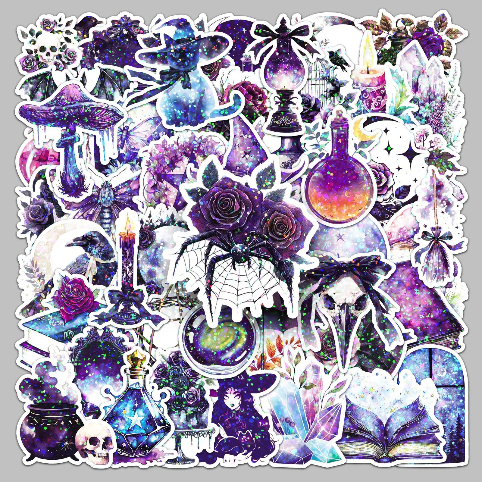 

50PCS Cartoon Cool Laser Style Sticker Magic Witch Cool Horror Goth Cool Doodle Creative DIY Bicycle Desk Guitar Decal Toys