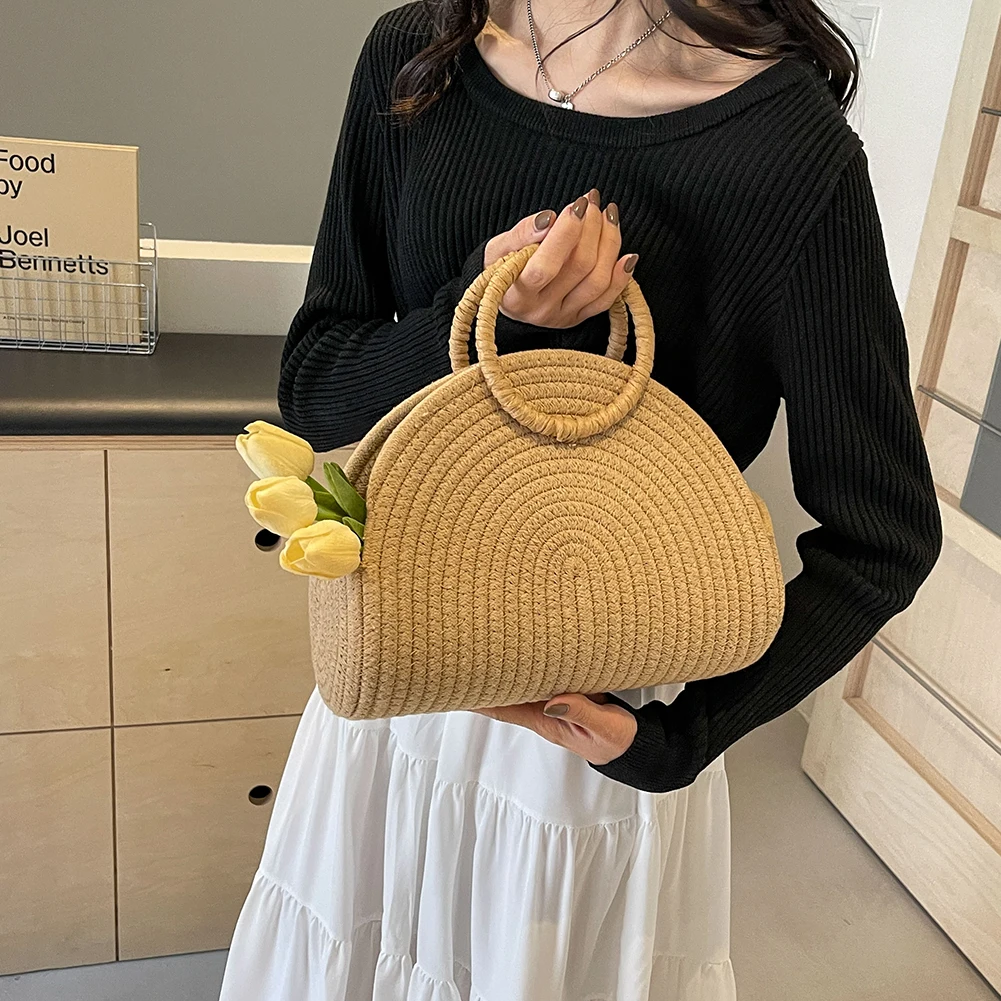 Handwoven Beach Bag Chic Cotton Rope Clutch Purse Retro Straw Bag Holiday Travel Handbag Straw Bag for Women and Girls