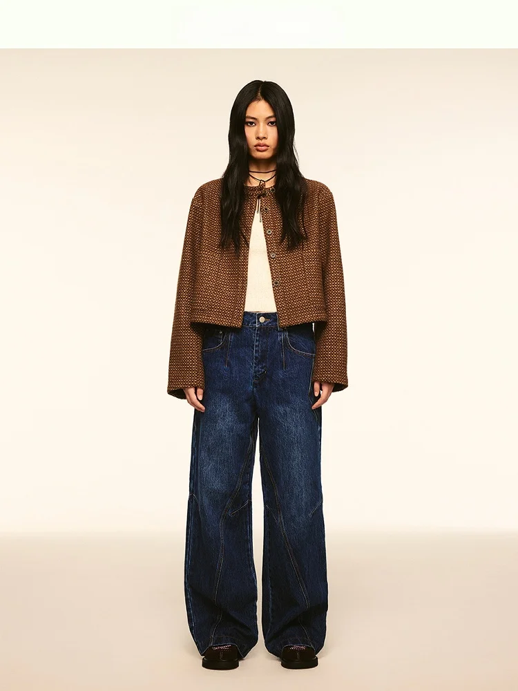 

Feu Doux Limited Edition Coarse Weave round Ne ort Coat for Women in Plaid Pattern Straight Cut Sle Long Sve Button ...