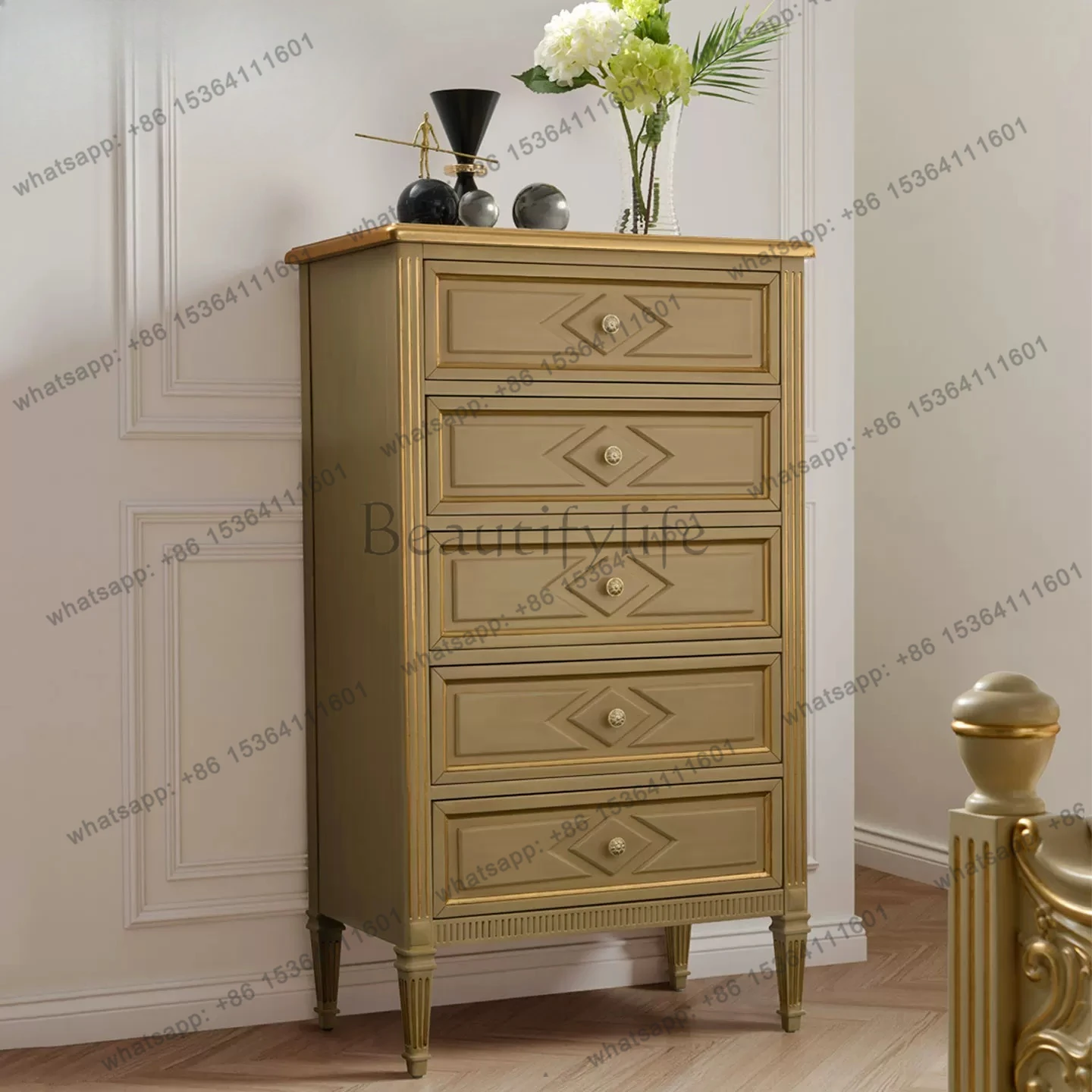 

French retro solid wood chest of drawers, living room storage, bedroom, bedside cabinet