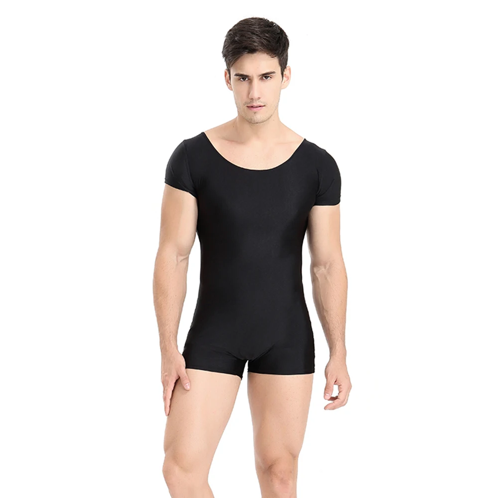 Men Bodysuit Black Ballet Unitards Gym One Piece Leotard Short Sleeve Scoop Neck Spandex Stretch Gymnastics Bodysuit Dancewear