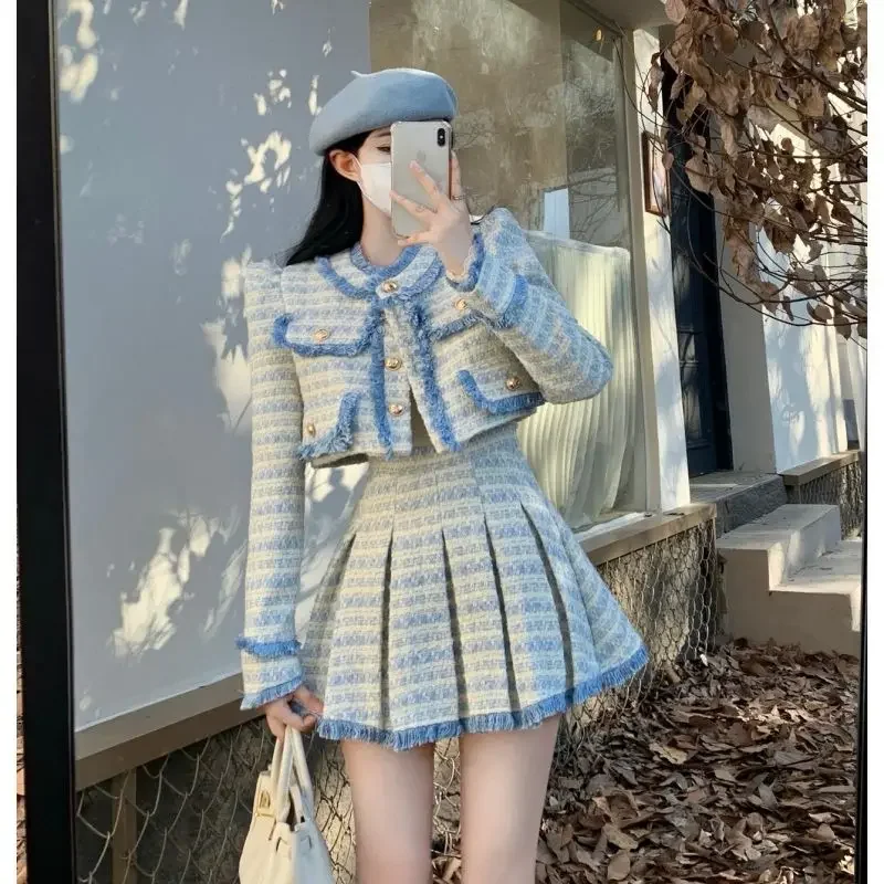 Small Fragrance Blue Tweed Coat Elegant Pink Tassel Jacket Short Pleated Skirts Woolen 2 Piece Sets Crop Blazers Tops Autumn