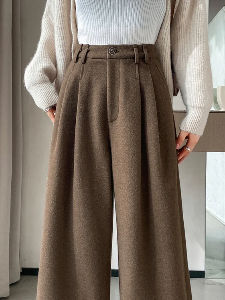 2024 Autumn and Winter New Women's Pants Fashion High Waist Woolen Wide-leg Pants Loose Thickening Keep Warm Casual Pants Women