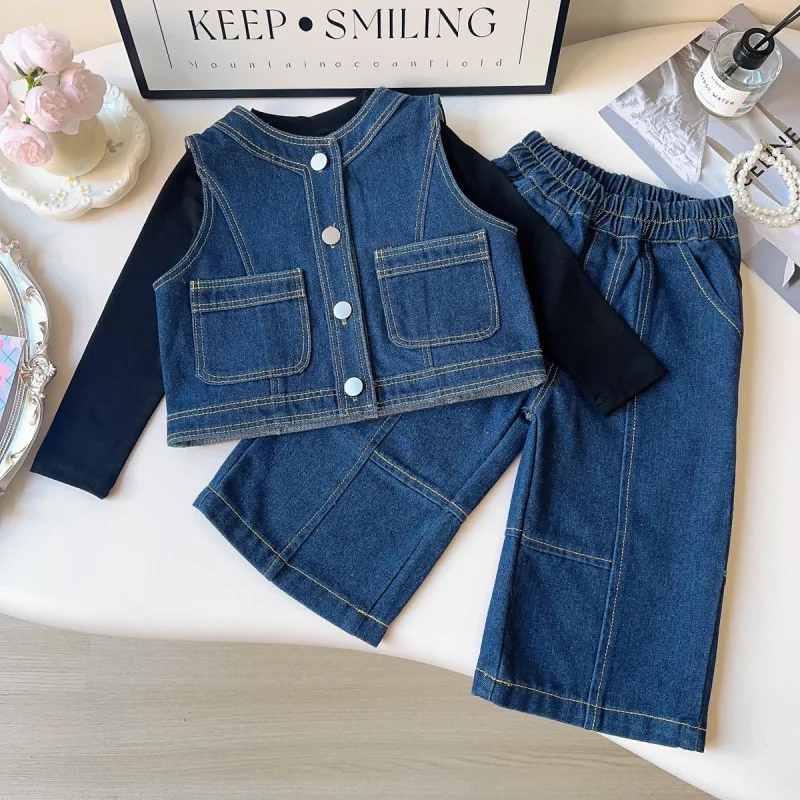 Children Denim Set New Spring and Autumn Girls Retro Denim Vest Top Casual Wide Leg Pants Two-piece Set