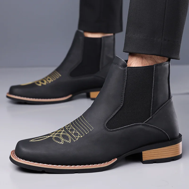

Men's Embroidered Boots Slip On Ankle Boots Genuine leather British style outdoor high-top leather boots