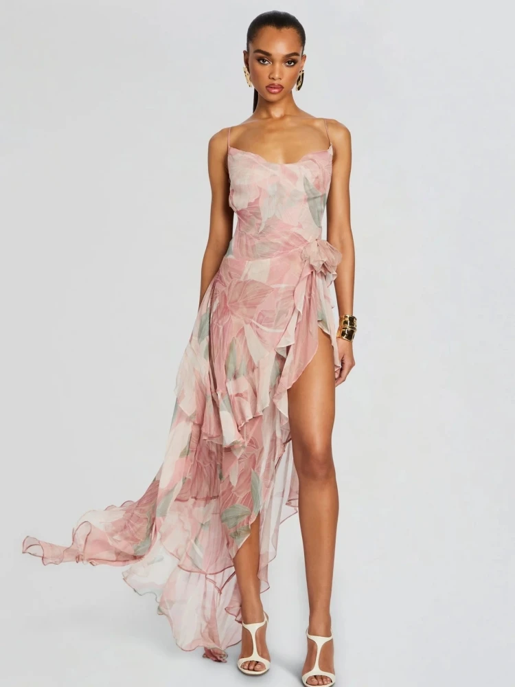 Summer Sexy Spaghetti Strap Printed Ruffles Long Dress Women Pink Sleeveless Backless Draped Dresses Holiday Party Sundress