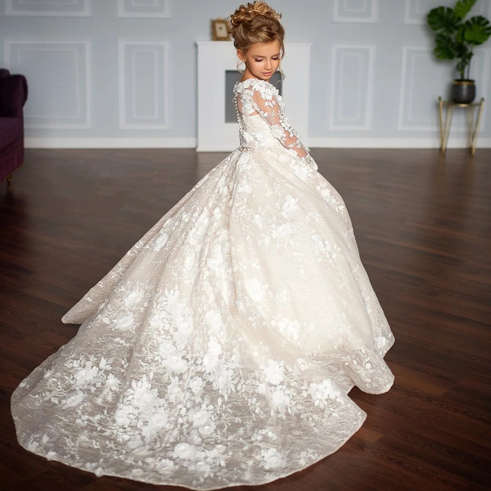 Luxury Lace Appliques Flower Girl Dress Bows Children's First holy Communion Dress Princess Formal Tulle Ball Gown Wedding Party