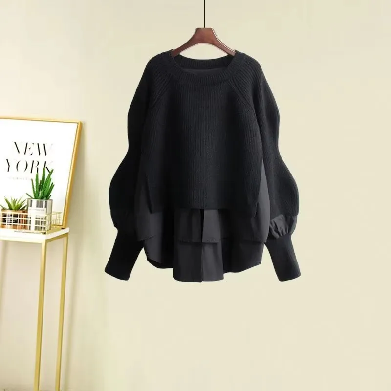 Women\'s Falls Patchwork Sweater Fashion Asymmetrical Skirts 1 or Two Piece Set Lady Autumn Casual Knit Tops Black Skirt Outfits