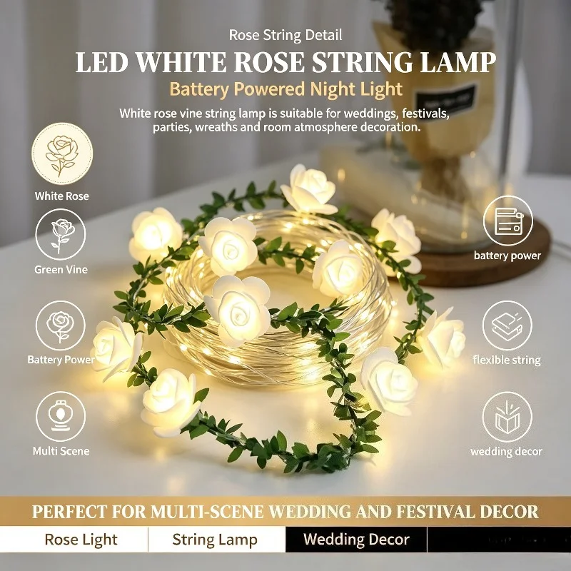 LED White Rose String Lights Battery Powered Night Light Warm Green Vine Garland for Wedding Party Wreath Bedroom Decoration