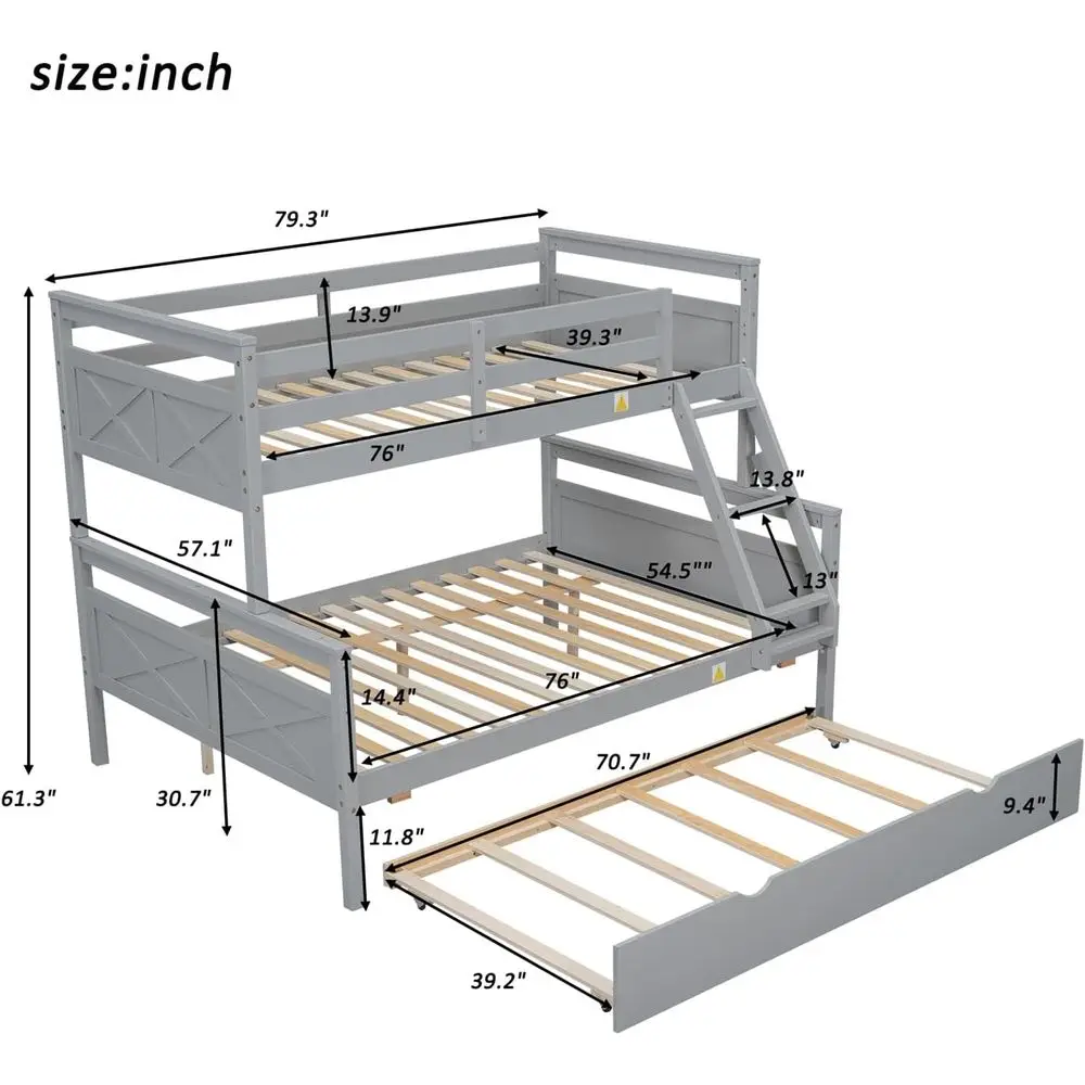 Twin Over Full Wood Bunk Bed with Twin Size Trundle and Ladder, 3-in-1 Convertible to 2 Separate Beds,Solid Wood Frame