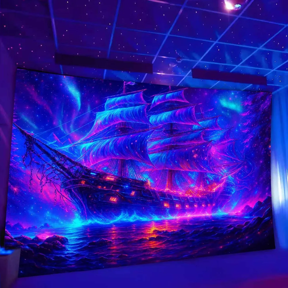 Luxury Galaxy Cosmic Tapestry Wall Hanging Polyester Art Decor Neon Ocean Sea Pirate Ship Fantasy Sci Fi Room Backdrop Blue Purp
