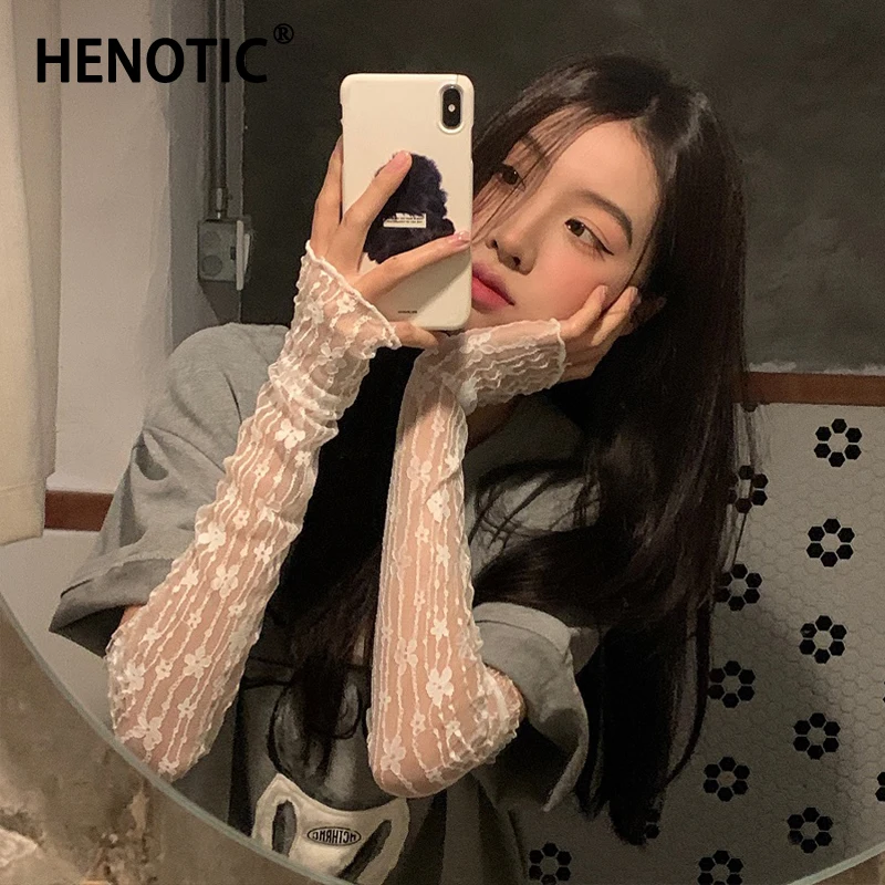 

Henotic Summer Women Black Long Lace Sunscreen Gloves Cute Wrist Decoration Arm White Covered Gloves