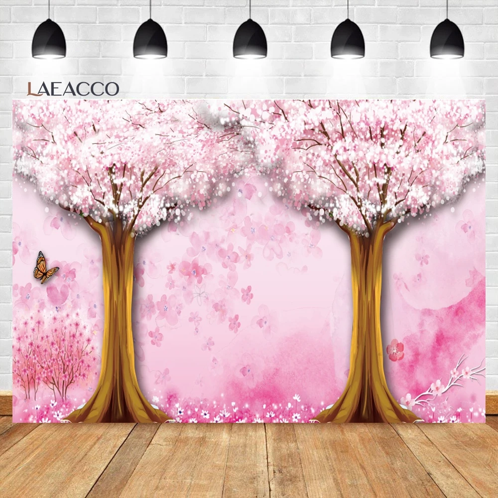 Laeacco Cherry Blossoms Wonderland Backdrop Spring Garden Pink Flower  Wedding Birthday Baby Kid Portrait Photography Background