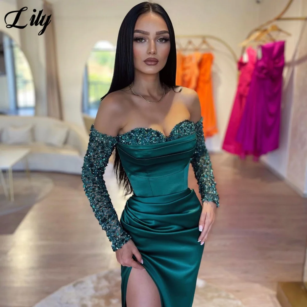 Lily Green Strapless Prom Dress Sweetheart Shiny Sequins Prom Gown Fingerless Gloves Satin Side Split Mermaid Evening Dresses