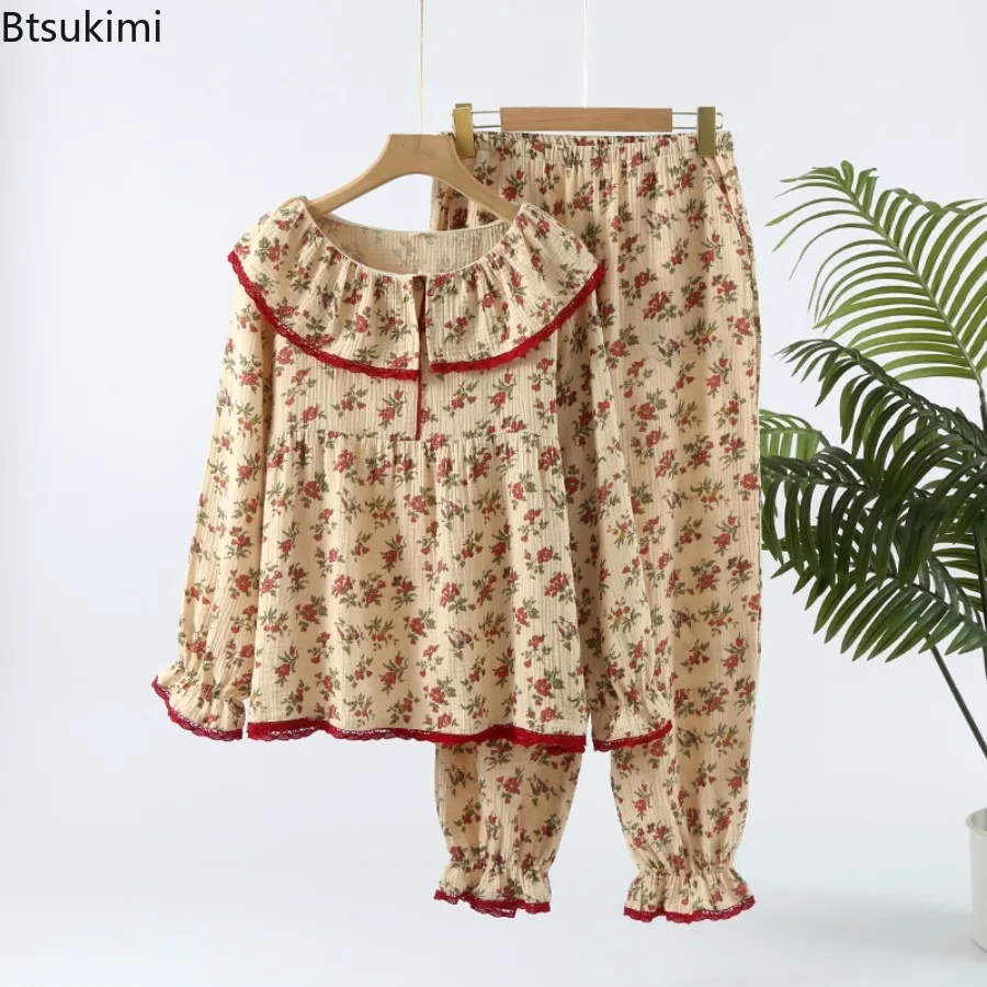 

Женская весенняя двухслойная марлевая тонкая одежда для сна из чистого хлопка, креповая ткань, ретро кукольный воротник, домашняя одежда, комплект брюк с длинными рукавами