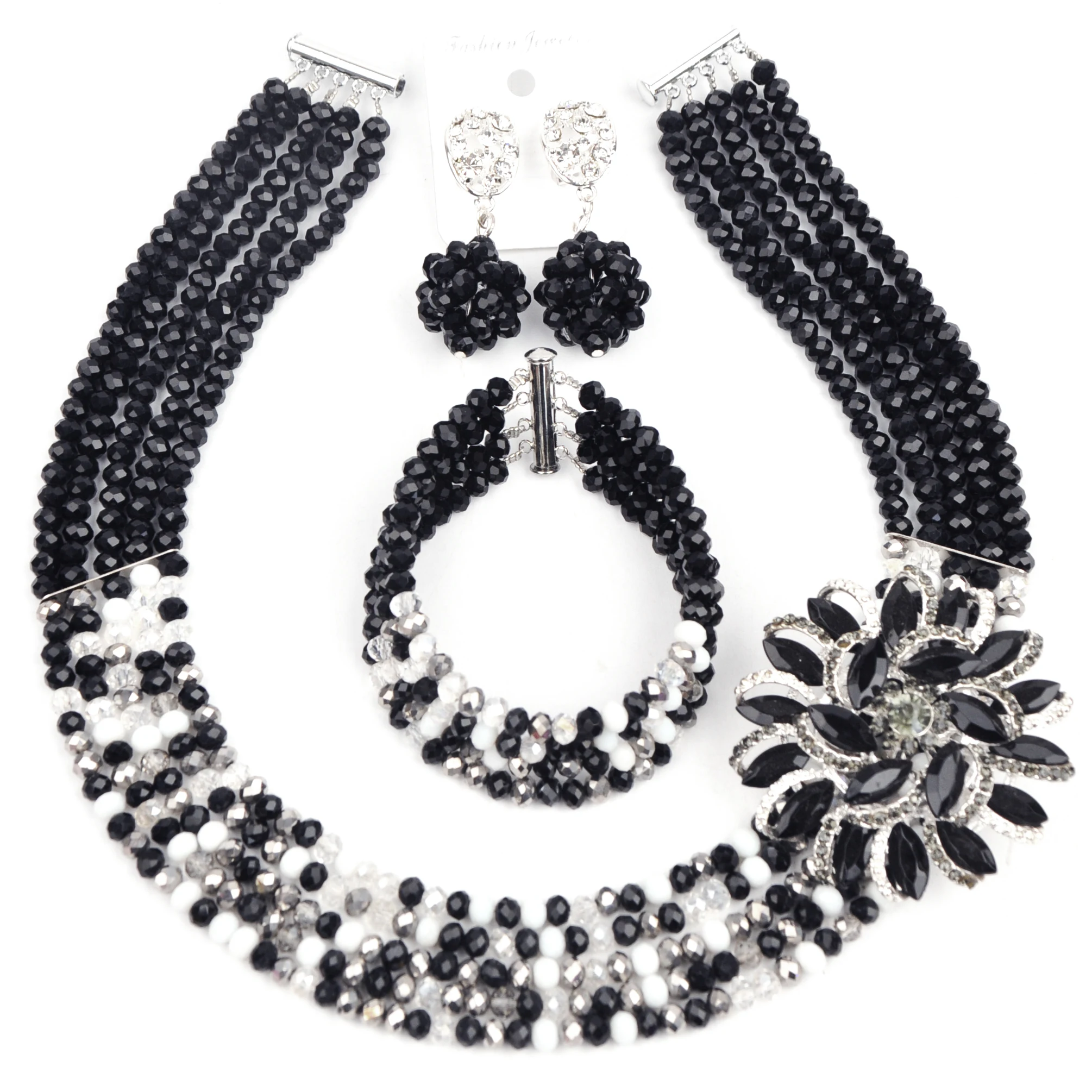 

African Wedding Necklace Black and Mixed Crystal Bead Costume Jewelry Set