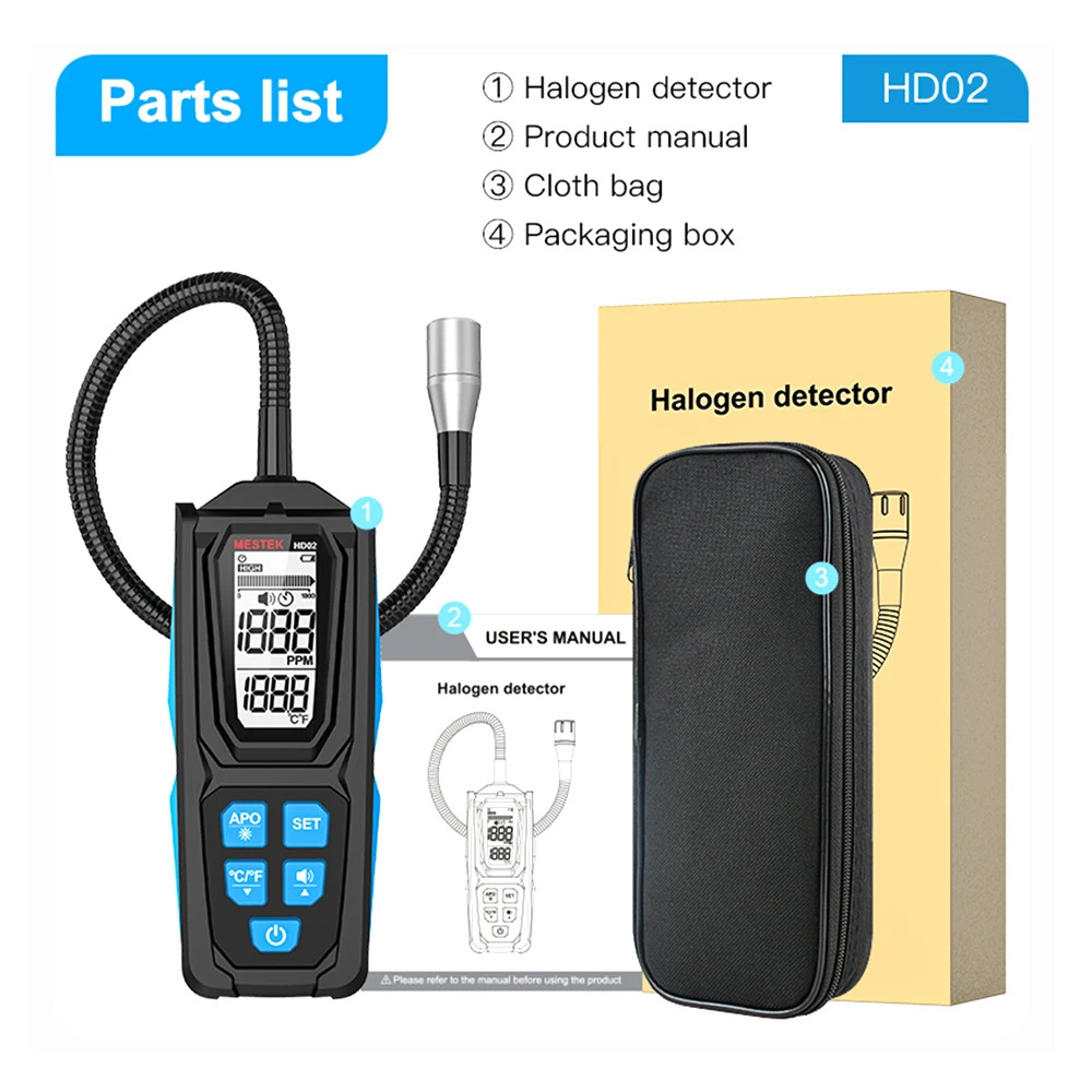 MESTEK HD02 Refrigerant Halogen Meter Air Conditioning Leak Detector R22 R32 R134A HFC HCFC CFC PFC 