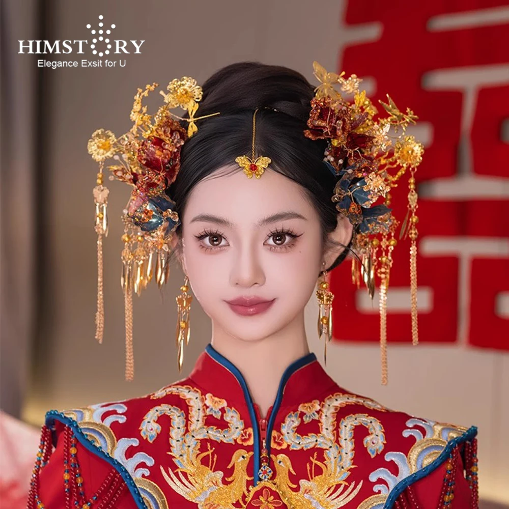 

HIMSTORY китайский винтажный свадебный головной убор Xiuhe бабочка на лбу Феникс красный свадебный комплект заколок для волос аксессуары