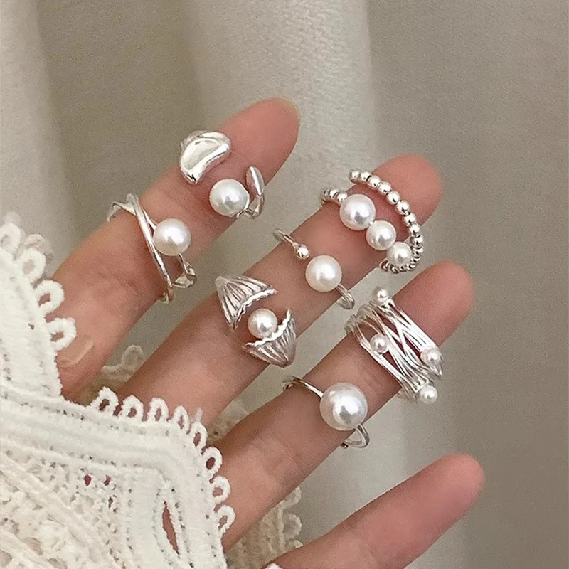 PANJBJ 925 Sterling Silber Perle Unregelmäßigen Ring für Frauen Shell Überlappende Hohl Süße Design Schmuck Geschenk Dropshipping – Detail 7