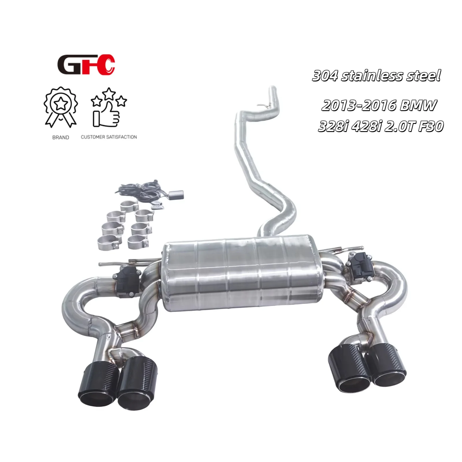 

For the 2013-2016 BMW 328i 428i 2.0T F30 catback high-performance exhaust system with valve muffler, 4 tips. OEM diffuser
