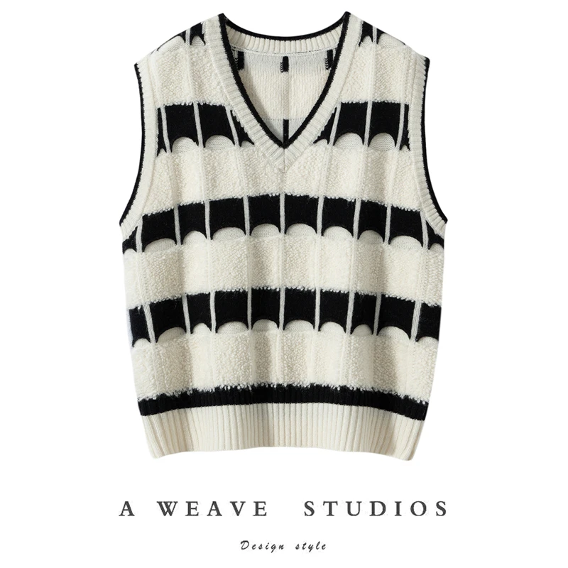 Chic Sweater Vest Autumn Winter Women's Sleeveless Waistcoat Pullover 100% Cashmere Vest Knit Warm V-Neck 3D Grid Towel Pattern