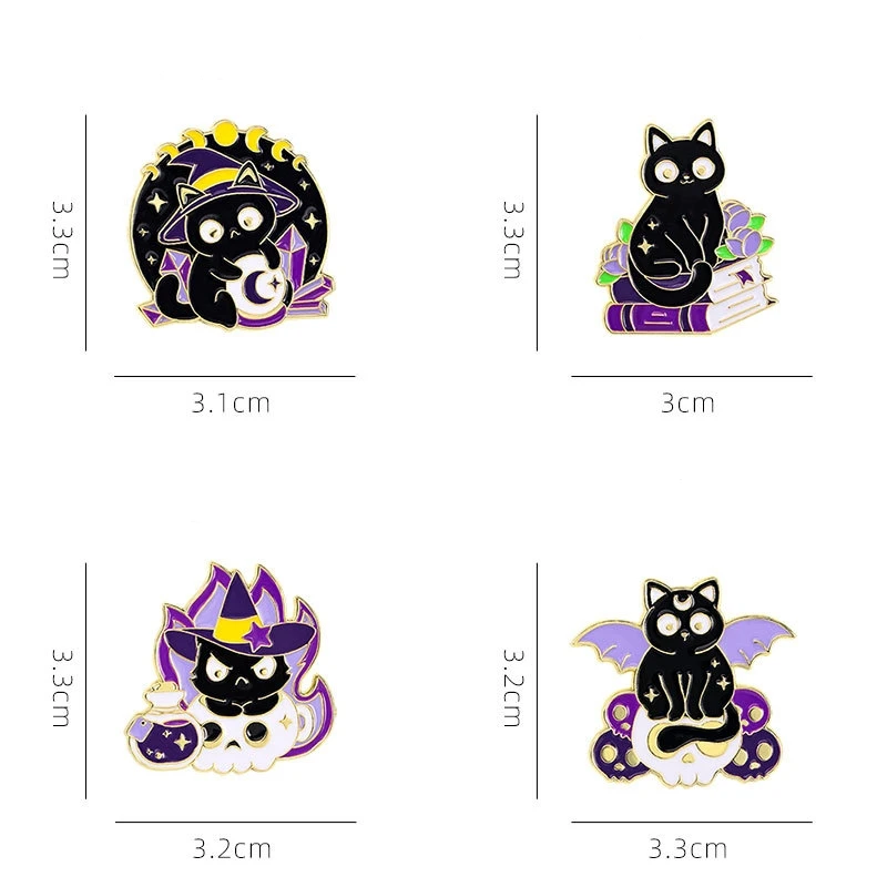 4pcs Cartoon Black Cat Magician Enamel Brooch Creative Animal Halloween Gift Lapel Pin Badge Backpack Clothing Hat Accessories