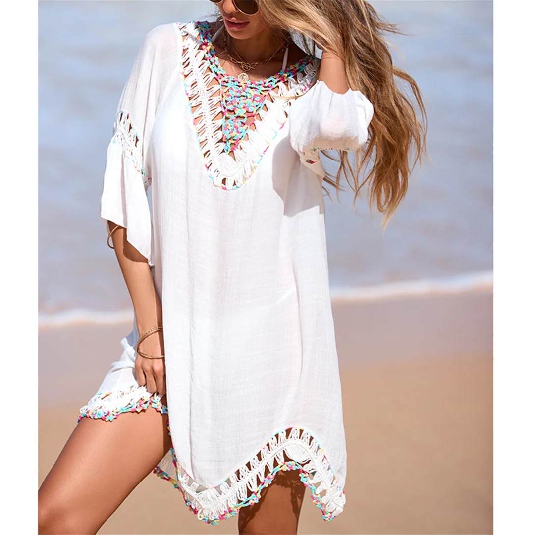 Buntes, halbärmeliges, rückenfreies, gehäkeltes, gestricktes Tunika-Strandkleid, Strandmode, Damen-Strandkleid, Strand-Cover-up, Damen-Cover-ups V7537 – Detail 7