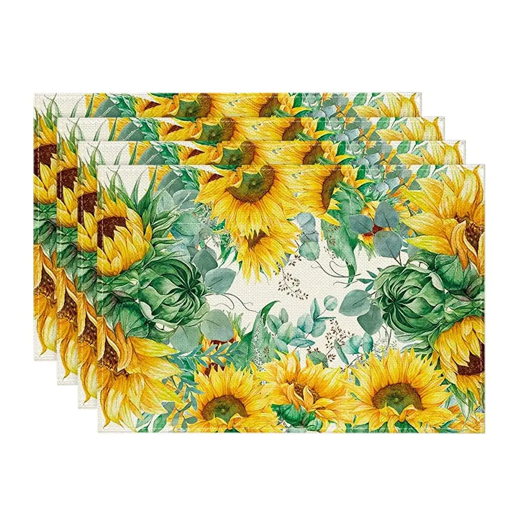 

Sunflower Eucalyptus Placemats for Dining Table, Washable Table Mats, Holiday Decor, Rustic Vintage, Summer, Set of 4