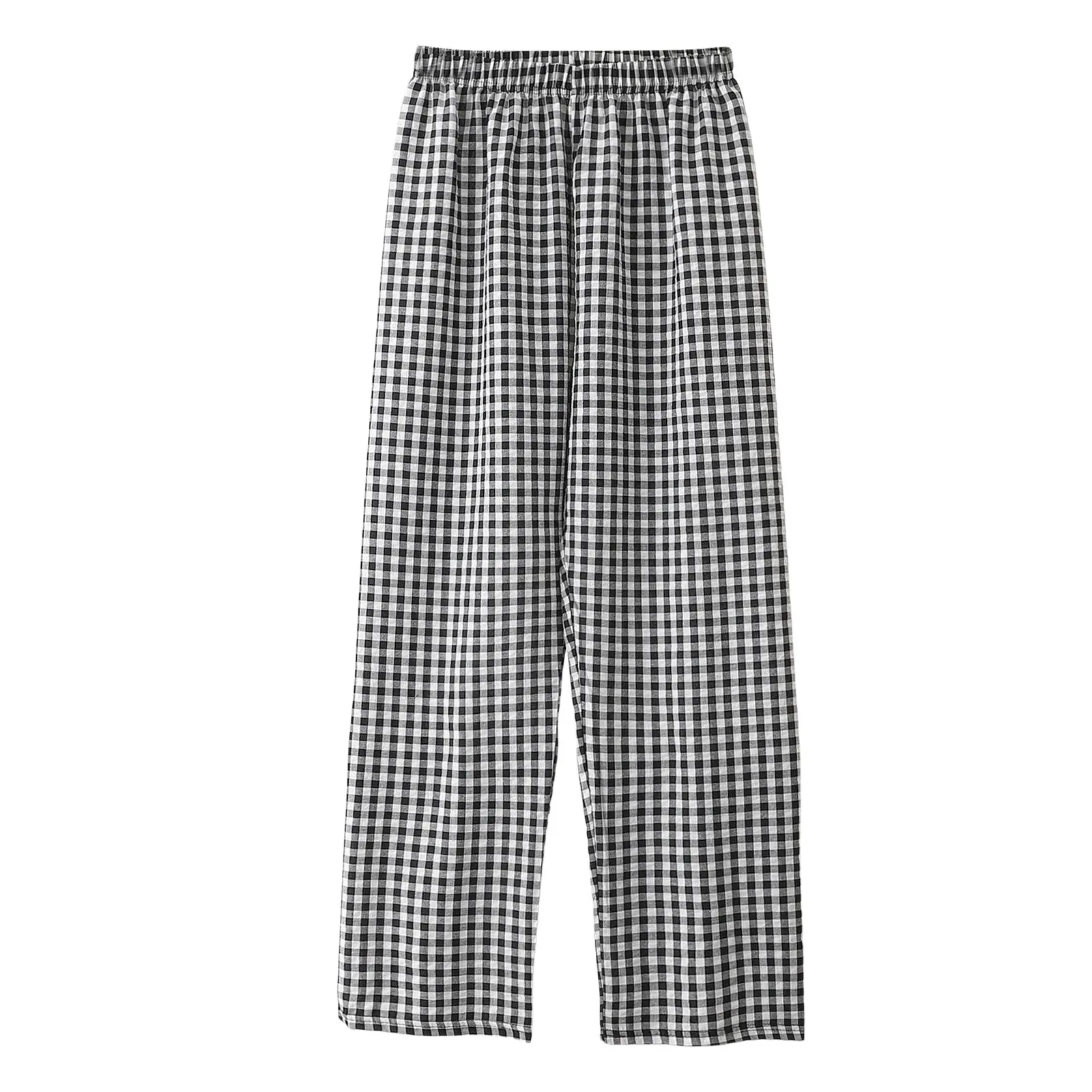 Women Comfy Trousers Casual Plaid Striped Print Elastic Waist Drawstring Wide Leg Long Pants  Loose Straight Pants Summer Autumn