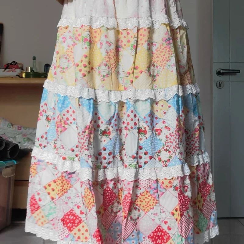 Japanese Original New Women's Clothing Fresh Colorful  A-line Long Skirt 2025 Summer Versatile Cute Splicing Cake Skirts Ladies