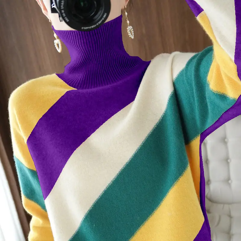 

High Neck Sweater Women's 2022 Spring And Autumn New Inner Knitting With Loose Stripes To Contrast The Color Of Korean Fashion