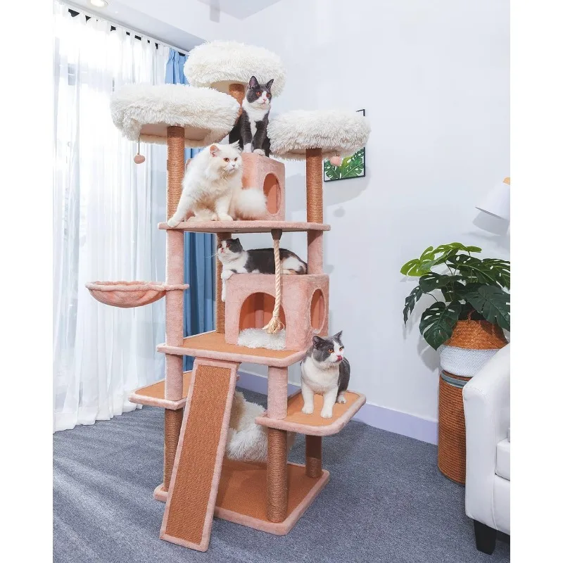 A Dynamic Complex Cat Tower with Cat Hammock, Scratching Post, and Playful  cat furniture