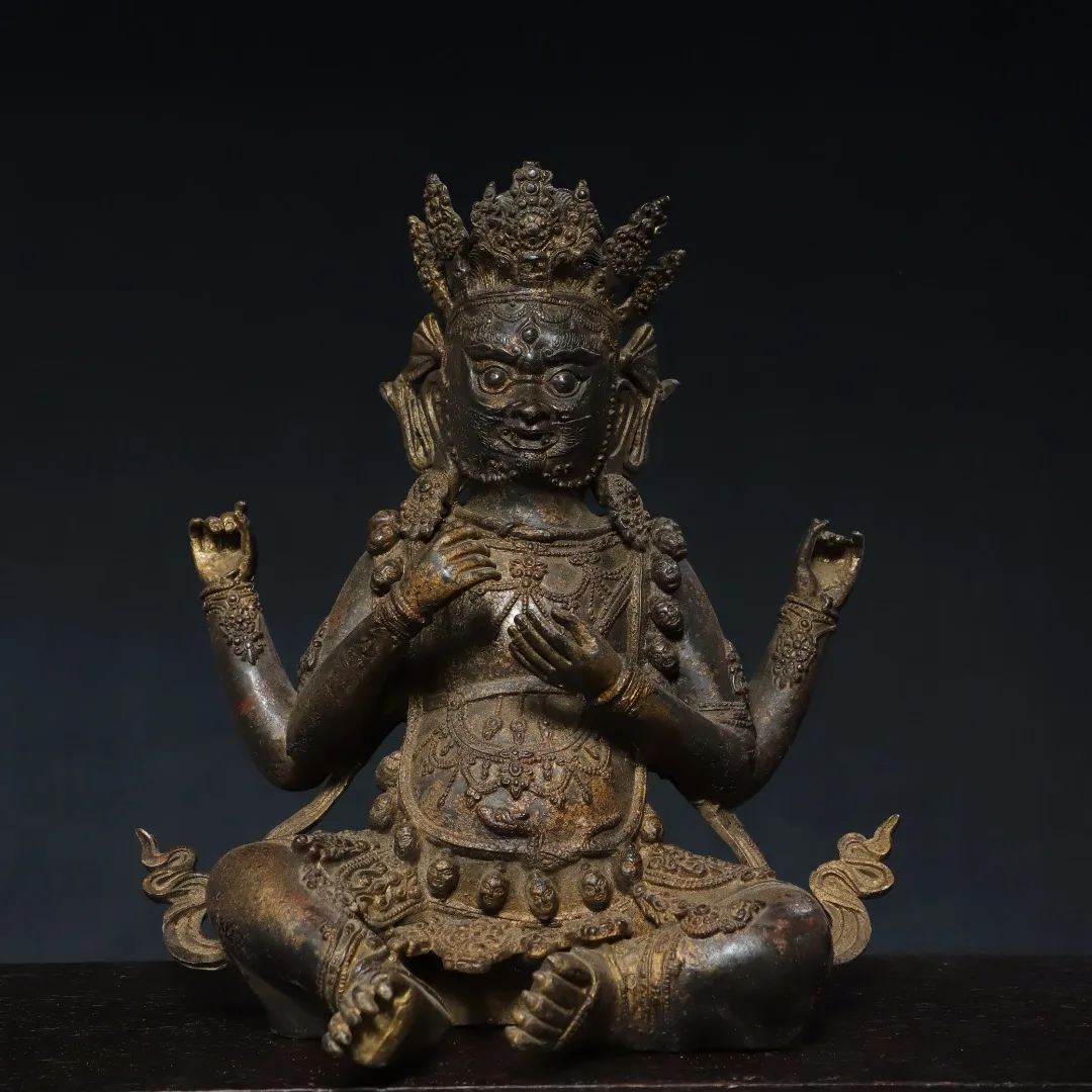 

11"Tibetan Temple Collection Old Bronze Cinnabar Mud gold Four arm Mahakala skull Sitting Buddha Worship Hall Town house