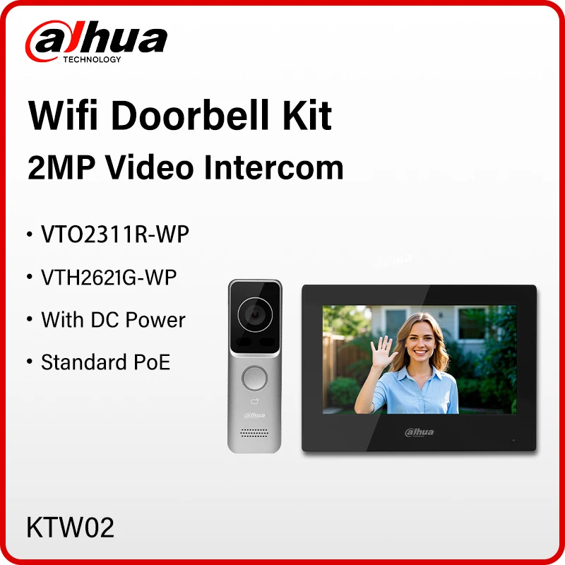 

Dahua 2MP WiFi Video Intercom Kit Smart Home HD Doorbell & Indoor Monitor Set IR Night Vision PoE KTW02 VTO2311R-WP VTH2621G-WP