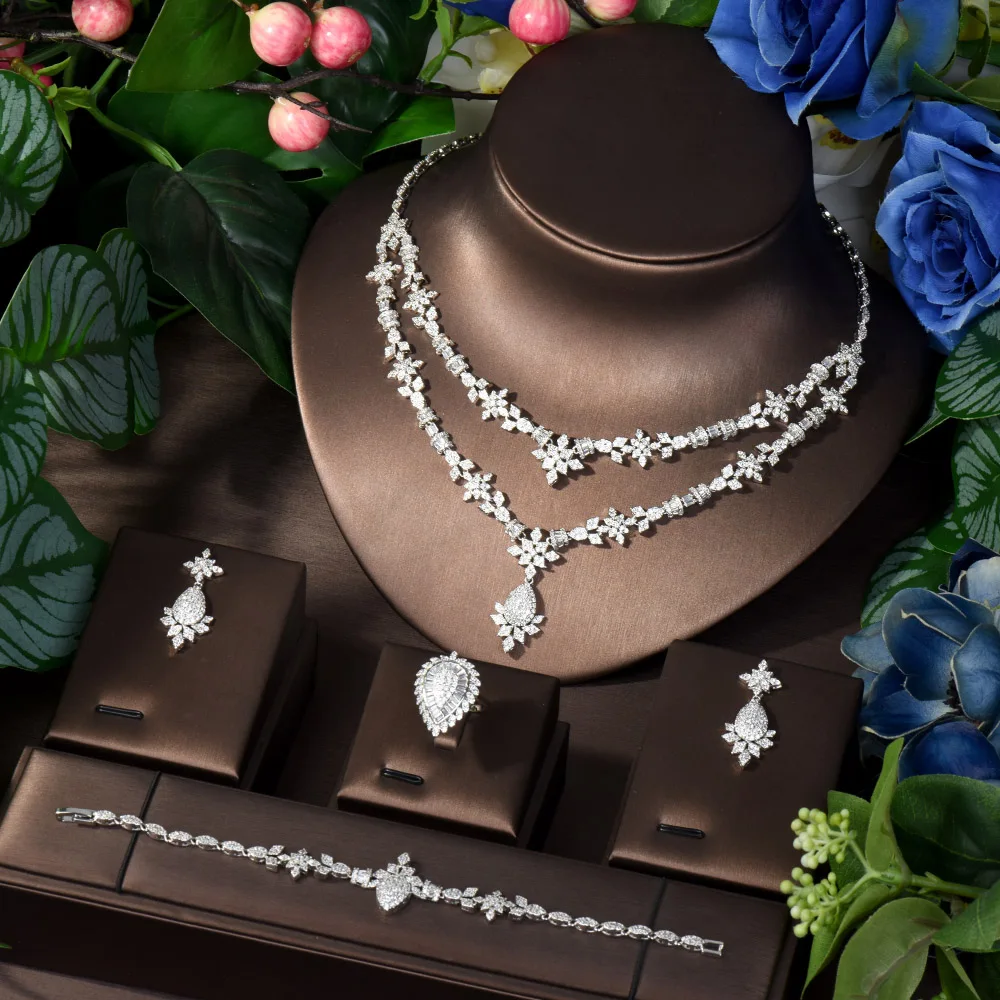 HIBRIDE Two Layer Necklace Earring Ring Bracelet 4PCS Micro CZ Jewelry Set For Women Wedding Jewelry Accessories N-1097