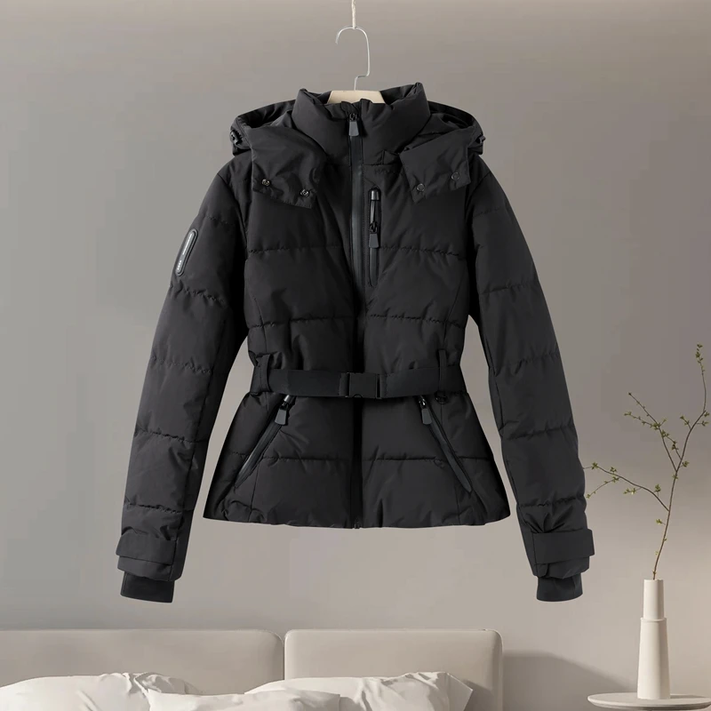 Hooded Skiing Coats Women Solid Stand Collar Belts Pleated Zippers Full Sleeve Thicken Cotton Jacket 2026 Winter Lady Outwears