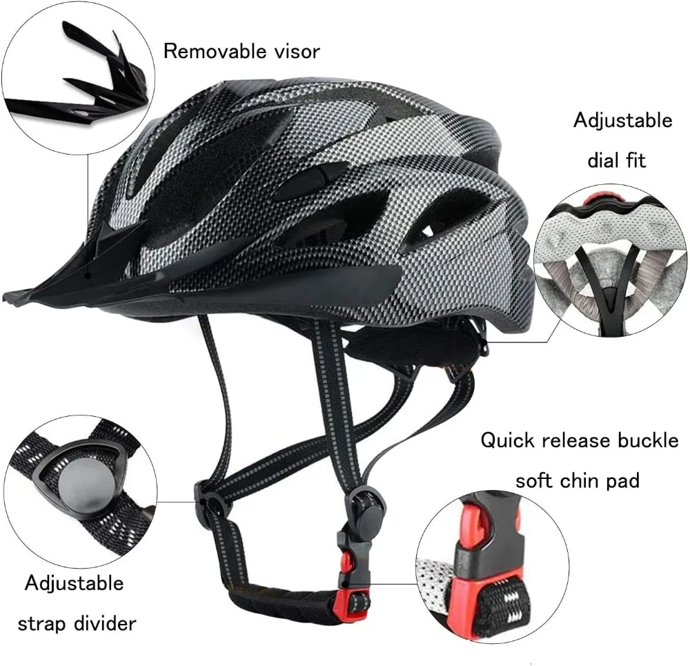 Lightweight Cycling Helmet, Adjustable Fit 58-61cm, 18 Vents, Removable Visor
