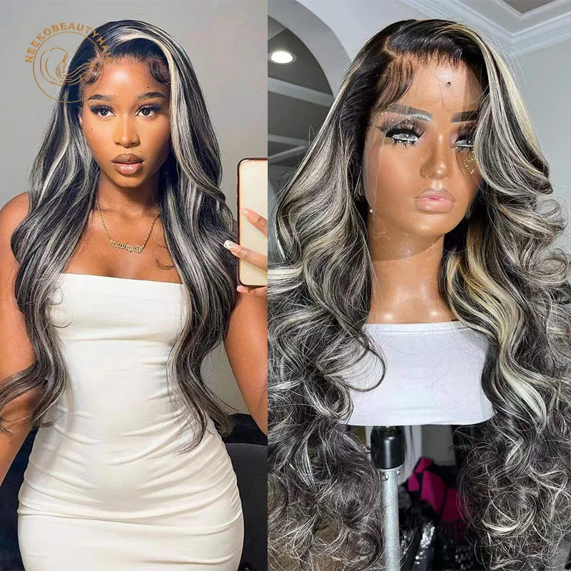 

Lace Frontal Wigs Black Grey Highlight Wig Wavy 13X4 Lace Front Wig Highlight Blonde Colored Human Hair Wigs Closure Wig