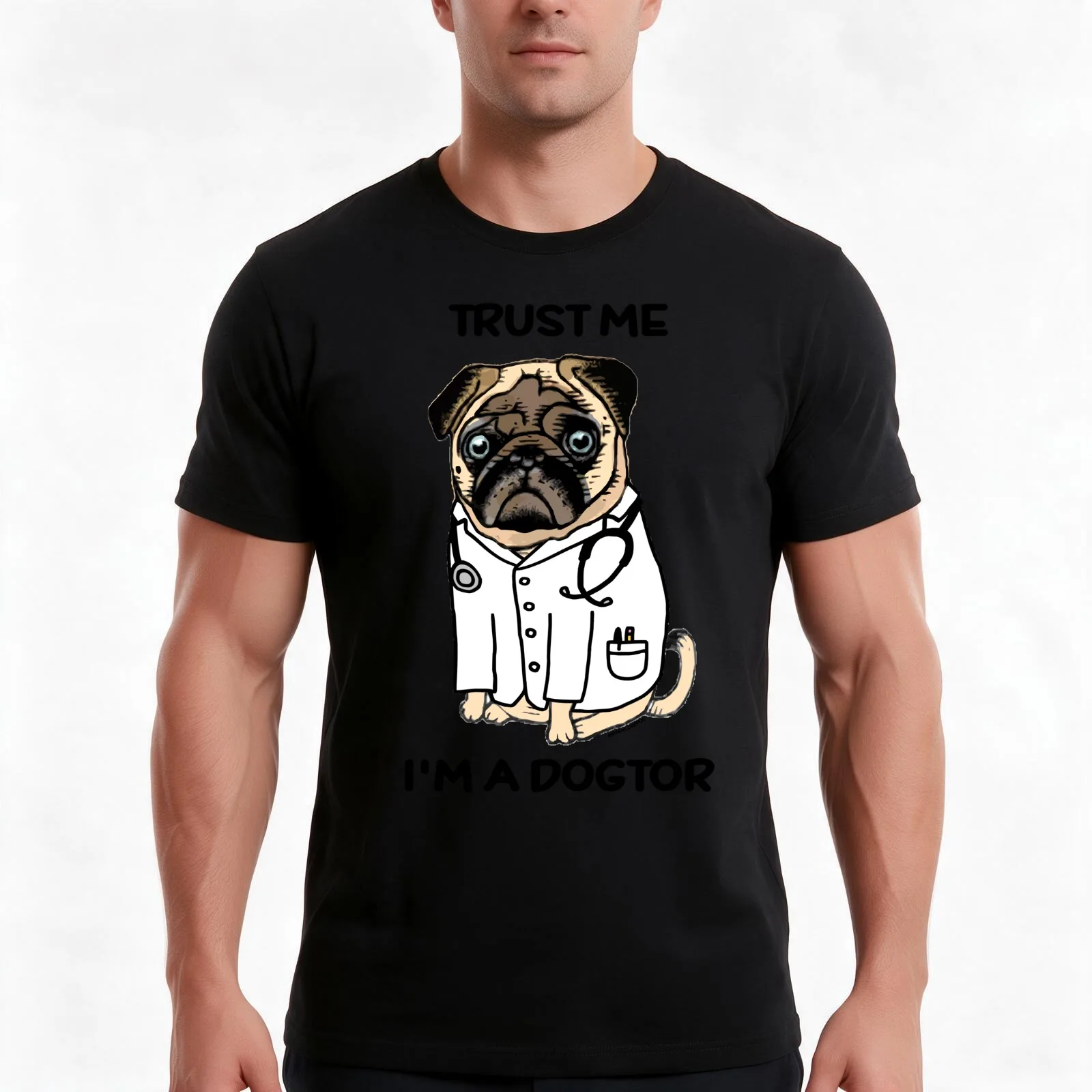 TRUST ME I'M A DOGTOR PUG T-Shirt, Summer Casual Cotton Tee, Oversized Streetwear Tops, Vintage Graphic Print, Unisex Men Women