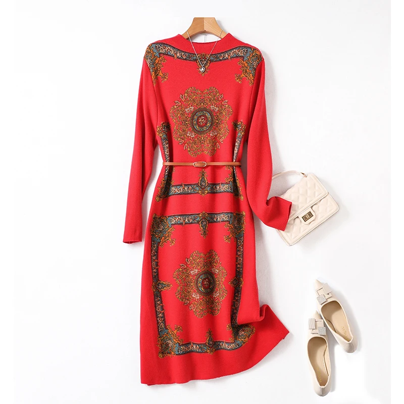 Autumn Winter New Women Clothes Loose O-neck Knitted Wool Dress Ethnic Style Elegant Fashion Jacquard Sweater Dress Dress