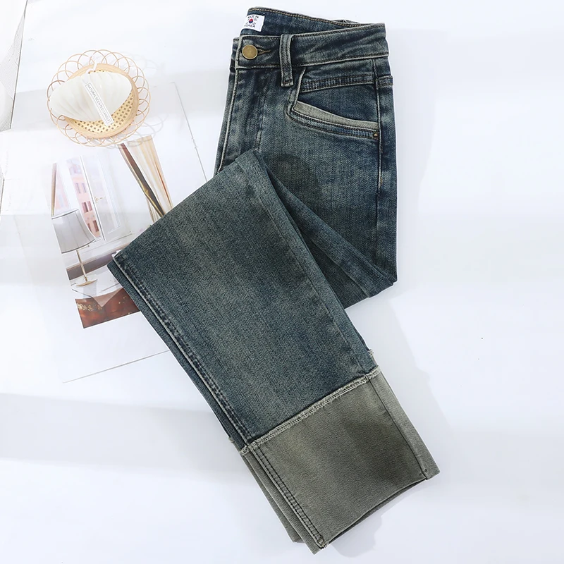 Women's Loose Slimming Fleece-Lined Straight Leg Jeans High Waist Nine-Piece Cuffed Denim Pants Autumn Winter New Arrival