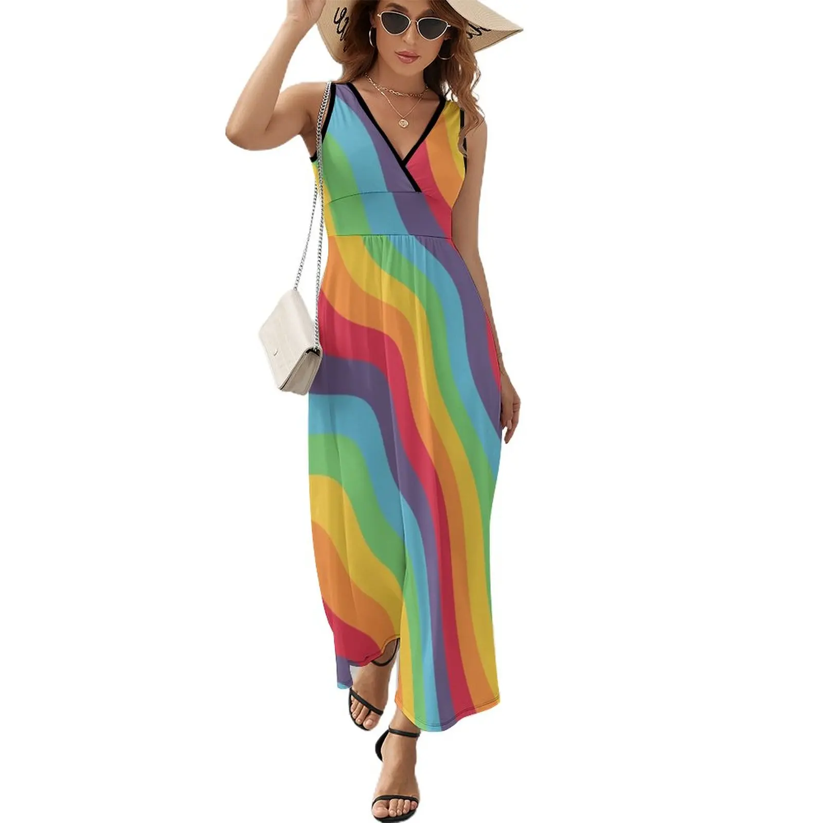 

Retro 60s 70s Rainbow Wave Disco Party Patterned Sleeveless Dress women's summer clothing 2024 Woman dresses