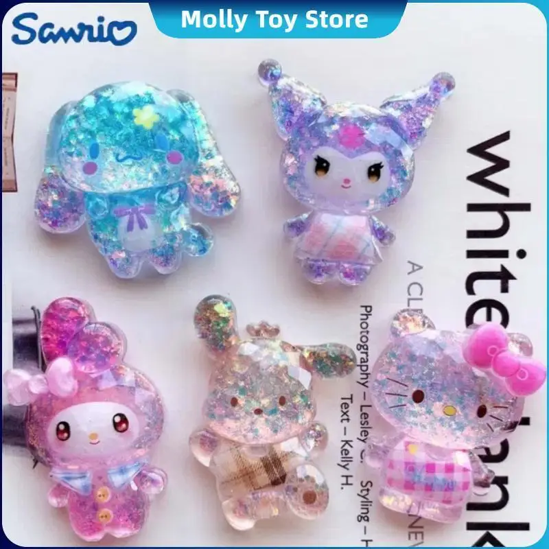 Kawaii Sanrio Glitter Flatback Resina Figuras Anime, Pequeno Presente Do Brinquedo, Modelo Bonito Dos Desenhos Animados, DIY Scrapbooking Artesanato Acessórios, 5Pcs