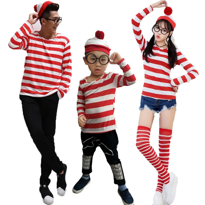 

Cartoon Wheres Waldo Striped Shirt Youth teenager Wally Costume Shirt Glasses and Hat Socks Unisex Adults Carnival Cosplay Cost