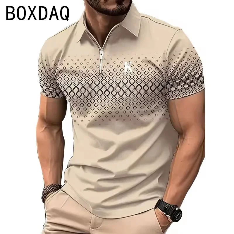 New Summer Men's Polo Shirt 3D Geometry Pattern Striped Print Casual Polos Short Sleeve Lapel Polo