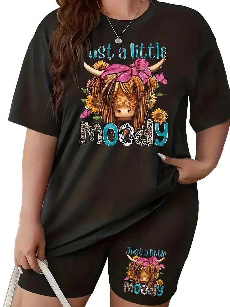 Cheap Moody Cow cartoon print 2-piece set, women's casual short-sleeved T-shirt and tight shorts, plus size women's clothing