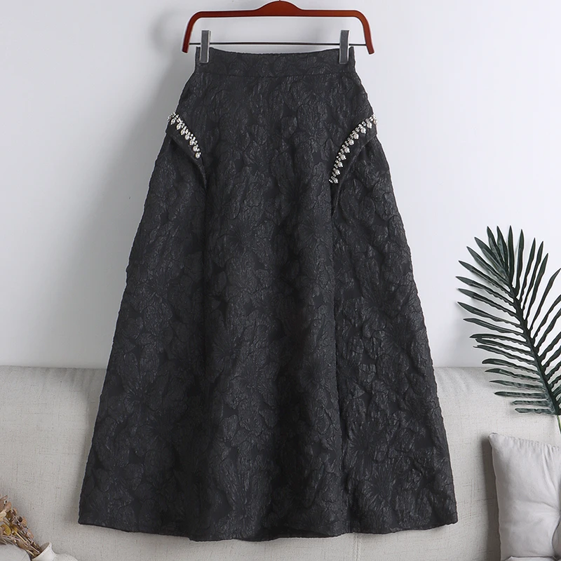 

Bead Jacquard A-Line Skirt Women Autumn Winter High Waist Slim Big Swing Mid-Length Skirt q23