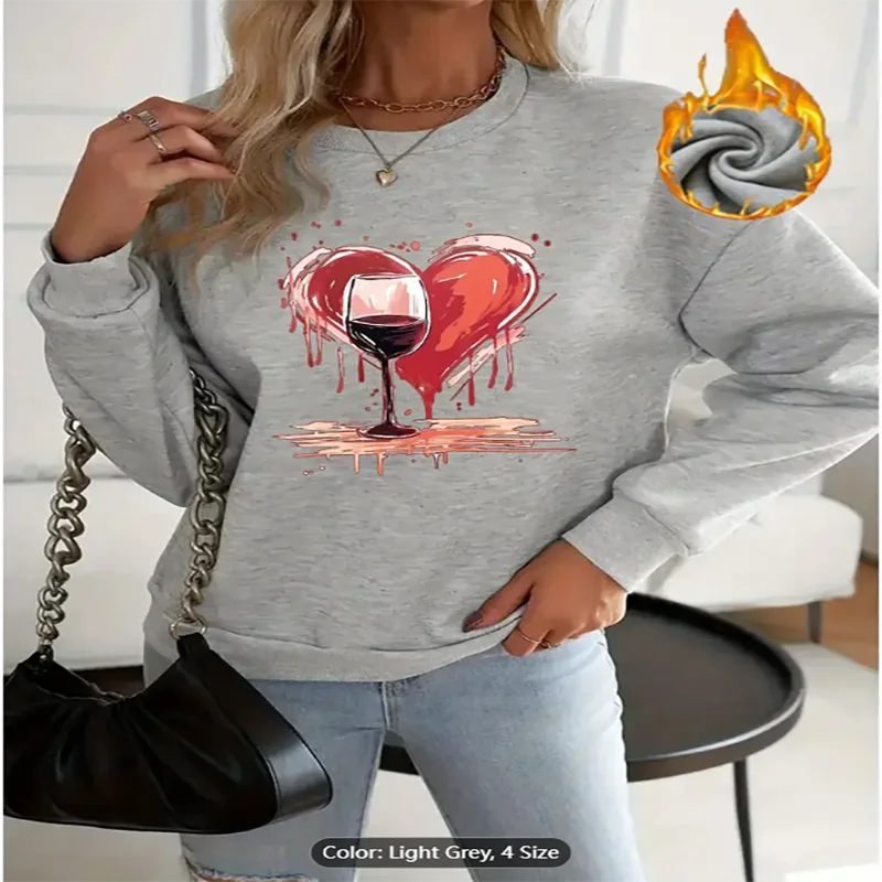 

Womens Grey Sweatshirt Wine Glass Heart Graphic Print Fleece Lined Casual Oversized Pullover Top for Wine Lovers Pure Cotton