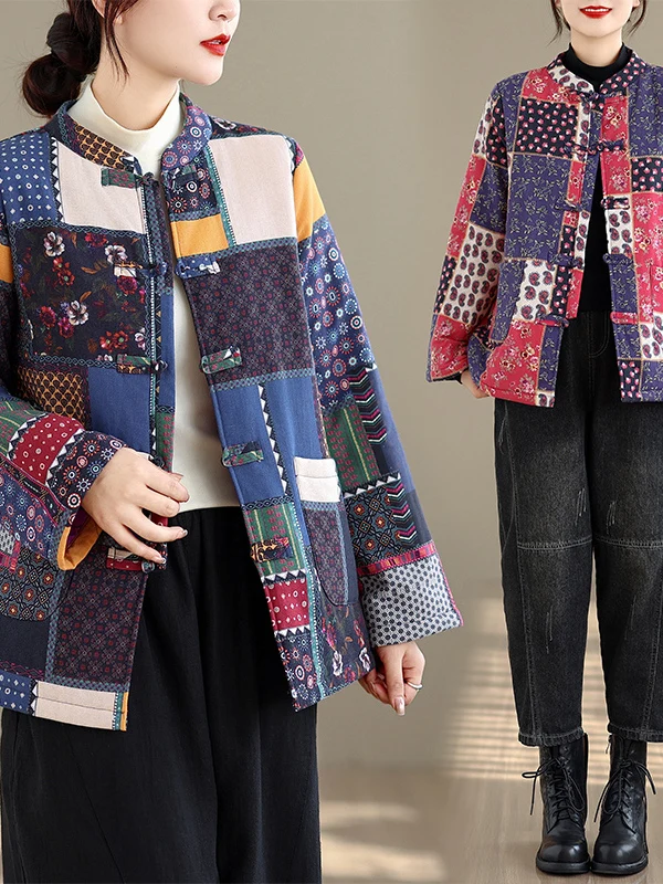 

Новое зимнее хлопковое пальто с винтажным принтом на пуговицах, свободная женская одежда больших размеров, длинное хлопковое пальто в стиле пэчворк